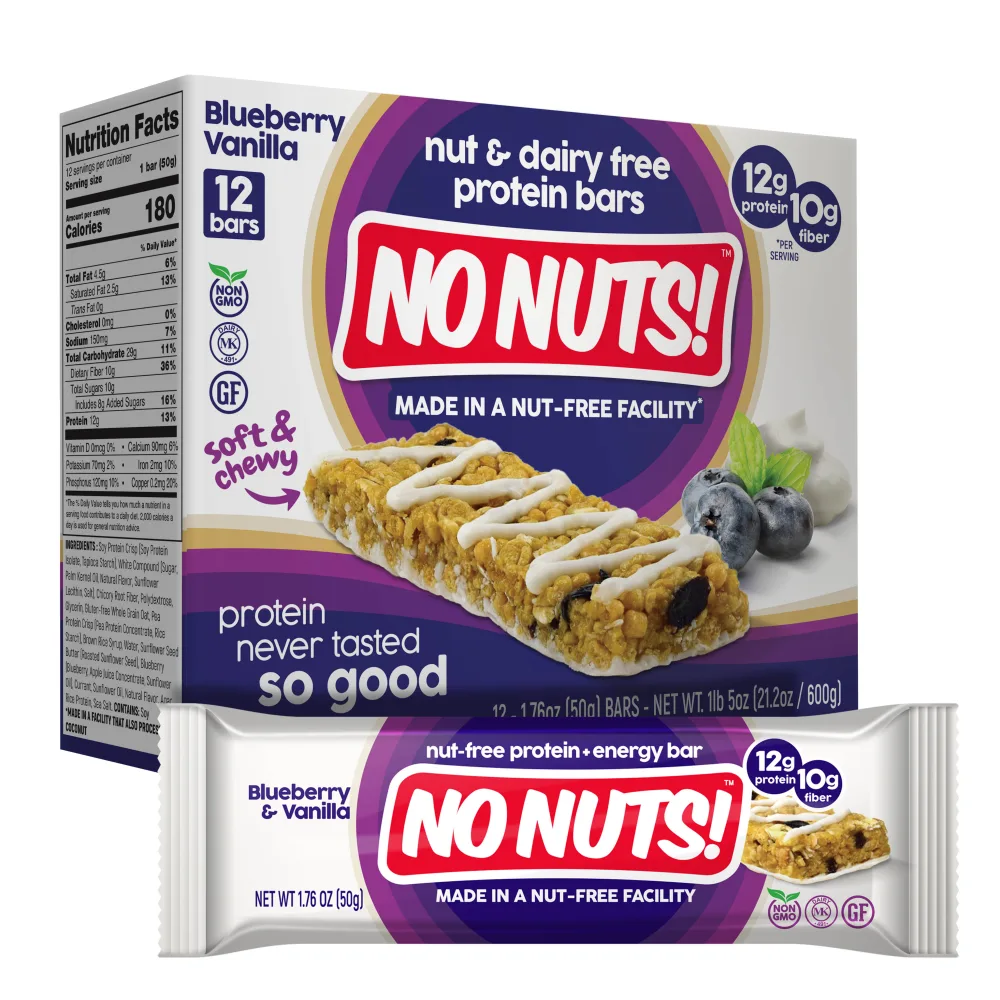 No Nuts! Blueberry & Vanilla Protein Bars box, angled with bar