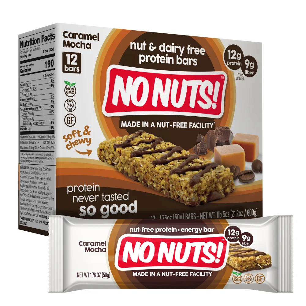 No Nuts! Caramel Mocha Protein Bars box, angled with bar