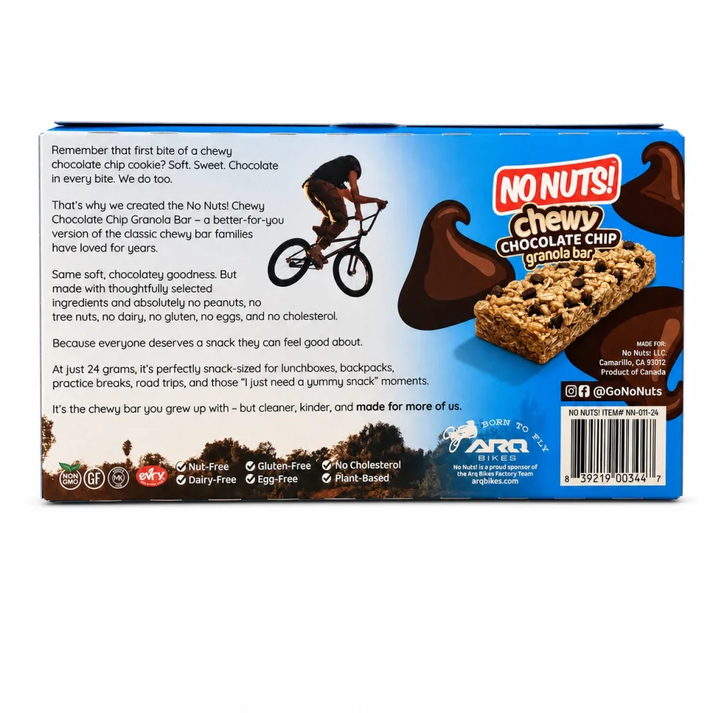Back of a No Nuts! Chewy Chocolate Chip box showing allergen information