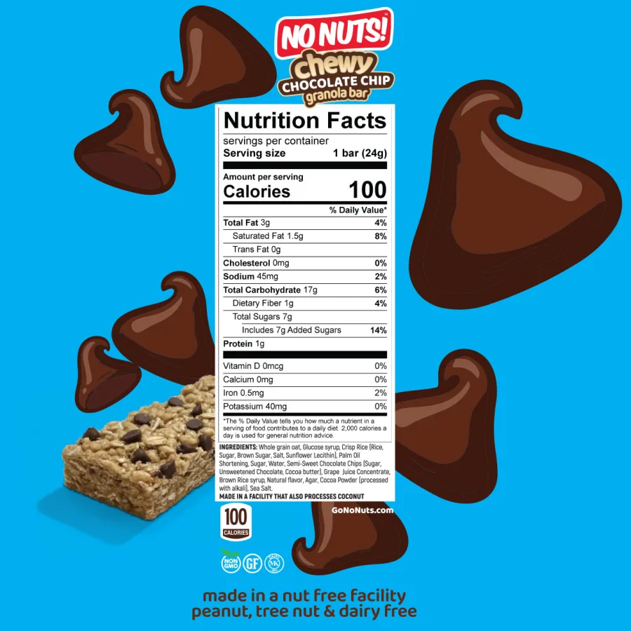 Nutrition and allergen panel on a No Nuts! Chewy Chocolate Chip box