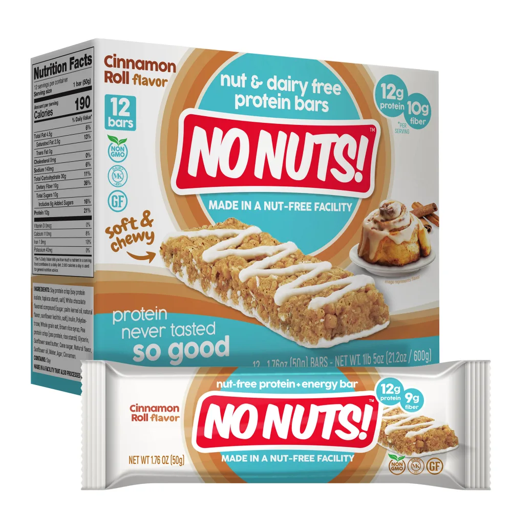 No Nuts! Cinnamon Roll Protein Bars box, angled with bar